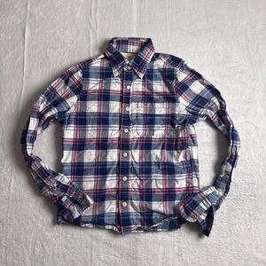 Hollister Shirt Mens Small Blue White Plaid Long Sleeve Chest Pocket Button Up *